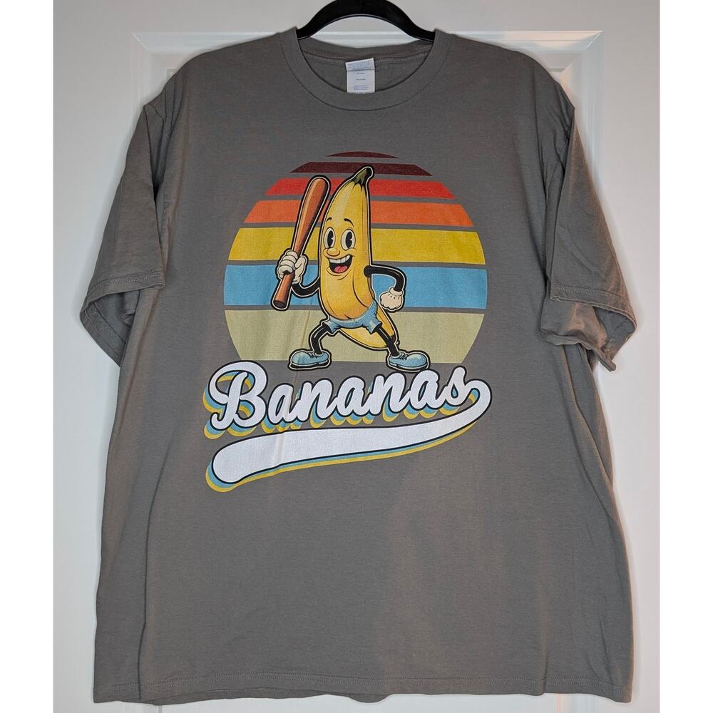 Bananas Baseball Retro Sunset Cartoon Mascot Graphic Tee 2XL Gray Dadcore Fan